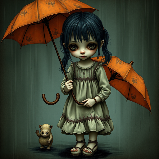An eerie, weird little girl with dark hair in thin pigtails, wearing a smock dress, standing in the rain, holding a dirty orange umbrella, a small, odd creature beside her. In a surreal style inspired by Nicoletta Ceccoli and Brian Froud. Dark fantasy themes