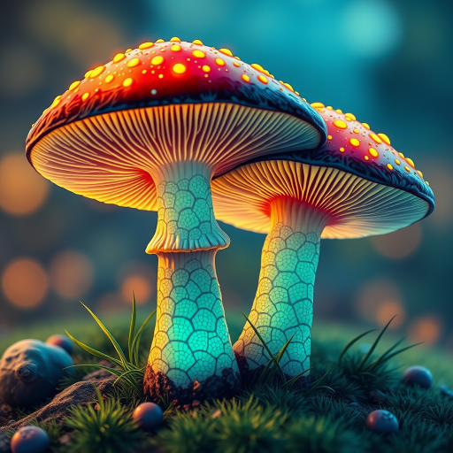 Create a vibrant and detailed illustration of two oversized, bioluminescent mushrooms with intricate patterns on their stems, using a digital camera with a 50mm lens, f/2.8 aperture, ISO 200, in a macro style to enhance texture and color depth against a soft-focus background.
