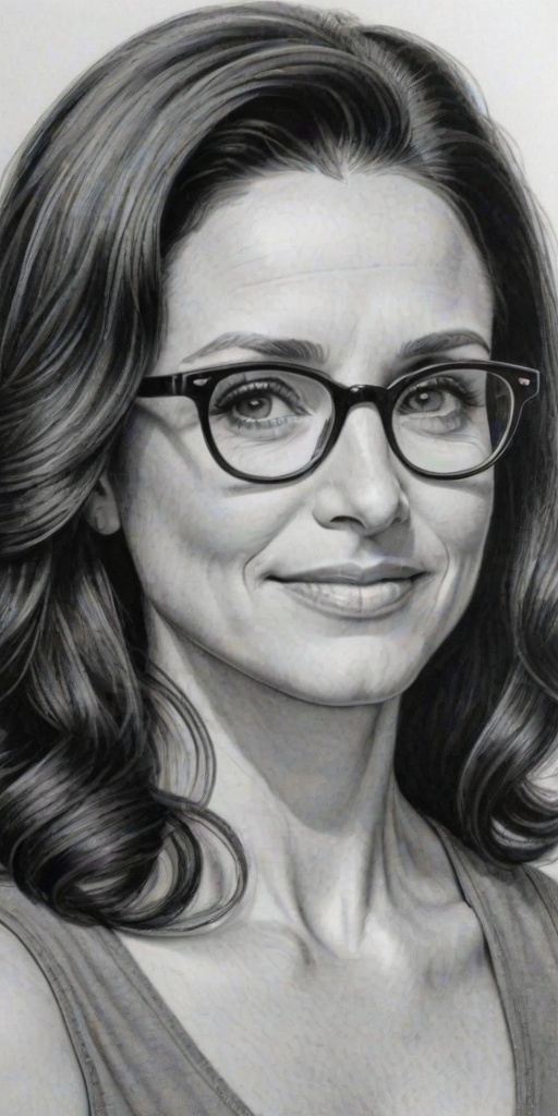 Comely Julia Louis-Dreyfus, pencil sketch, portrait of Fetching woman 1955s in glasses, hair style beatnik, outline, clear lines, fine lines, 8k
