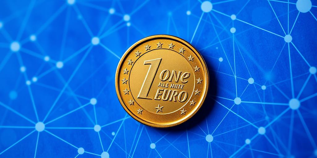 Create a high-resolution digital image of a one euro coin centered against a vibrant blue background with abstract network patterns and snowflake designs, captured in macro style with a DSLR camera at f/2.8, 1/200s, ISO 100, using a 100mm lens for sharp detail and clarity.
