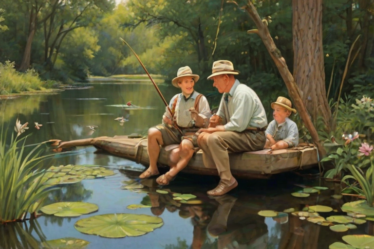 Imagine a small group of old fashioned young boys out fishing by the creek, a swing hanging from a tree branch, reeds and grasses by the water's edge, a frog sitting on a lily pad, dragonflies hovering over som water plans, a very iconic old fashioned scene reminiscent of a Norman Rockwell painting style