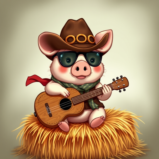 A chibi pig, dressed as a cowboy, playing guitar, sitting on a hay bale