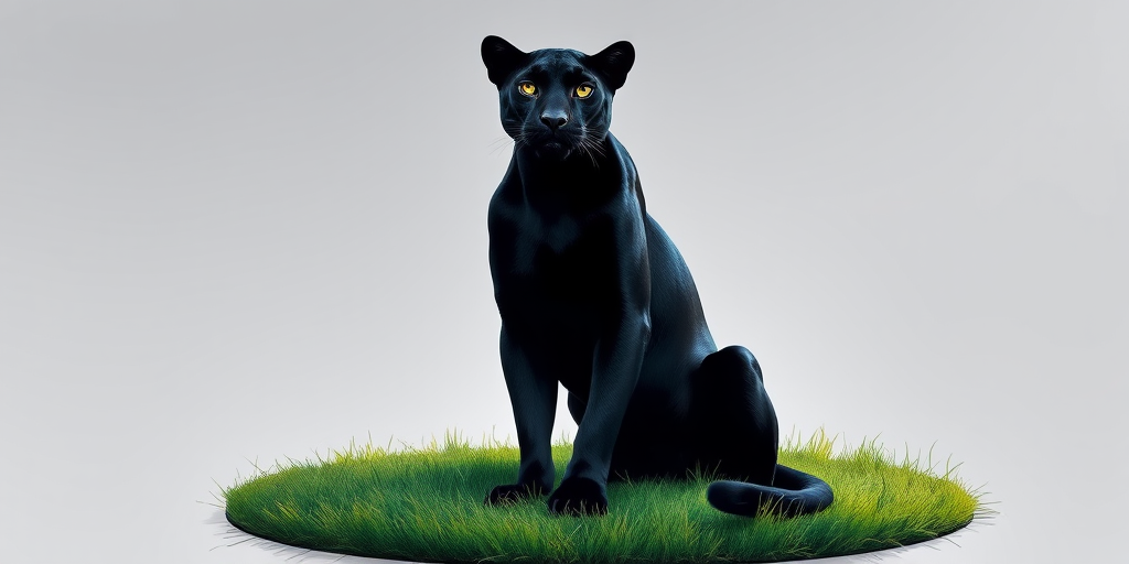 Create a high-resolution image of a sleek black panther in a stylized design, sitting gracefully on a circular patch of grass, using a digital painting style with soft gradients, captured from a low angle perspective with a 50mm lens at f/2.8 for a shallow depth of field, ensuring vibrant colors and sharp details.