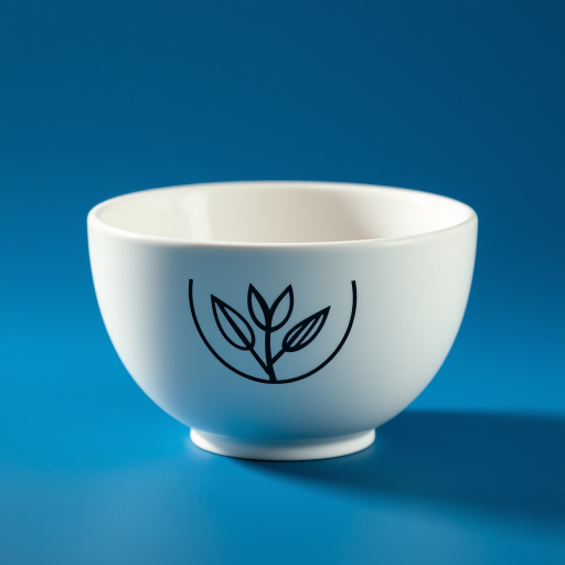 Create a 3D render of a white ceramic bowl with a black logo depicting oats and a wheat ear on a deep blue background, using a DSLR camera with a 50mm lens at f/1.8, ISO 100, 1/200 sec, in a soft light environment to enhance shadows and reflections.