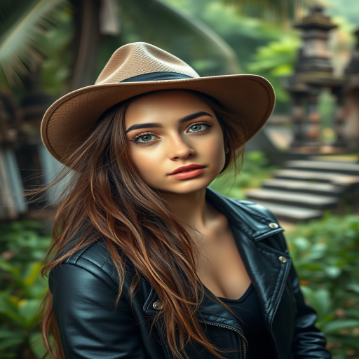 Capture a portrait of a young woman with long, tousled hair wearing a stylish hat and a leather jacket, set in a lush, tropical jungle environment with ancient ruins, shot with a Canon EOS 5D Mark IV at 50mm, f/1.8, ISO 100, natural lighting for enhanced depth and detail.