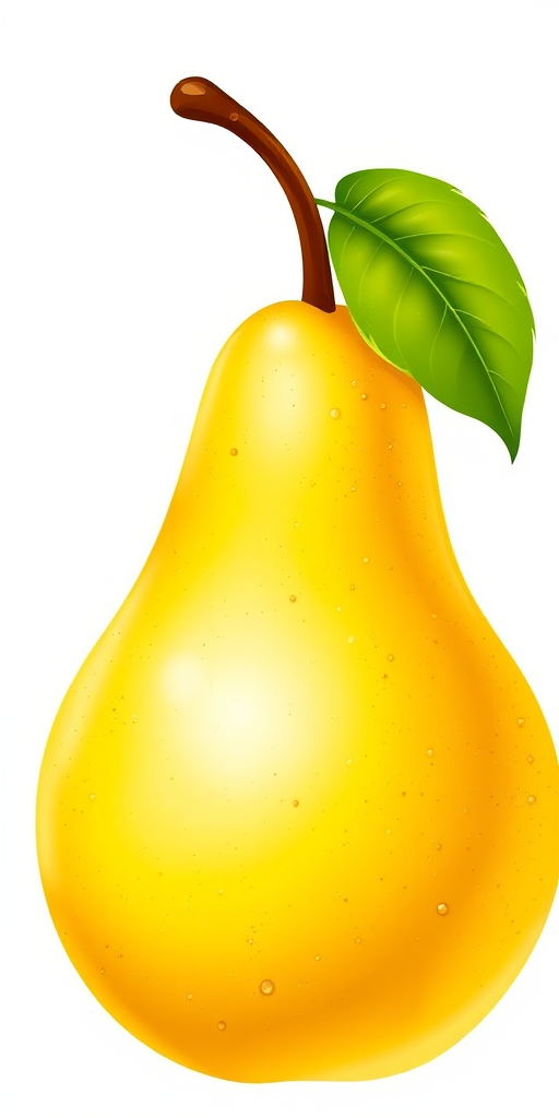 A bright, realistic illustration of a ripe yellow pear with a green leaf, shot from a slight overhead angle, using a DSLR camera with a 50mm lens, aperture f/2.8, ISO 100, and natural light for enhanced color vibrancy and detail.