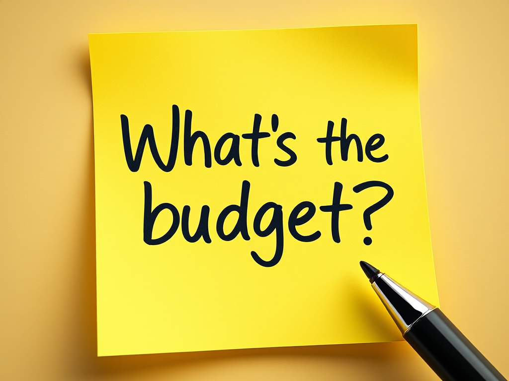 Yellow post-it note, hand written in black pen text "What's the budget??", 3d, hd, hyper realistic,