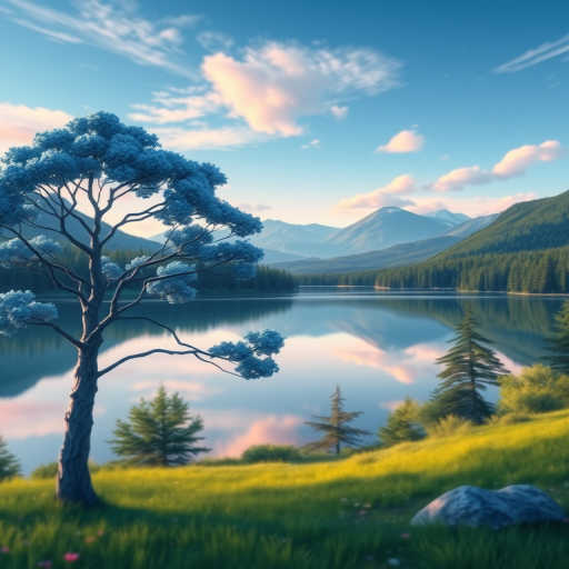 Create a vibrant landscape illustration featuring a blue tree beside a serene lake surrounded by green forests and distant mountains at dawn, using a high-resolution digital art style with soft pastel colors, 35mm camera lens, aperture set to f/8 for depth of field, and a panoramic view to capture the expansive scene.