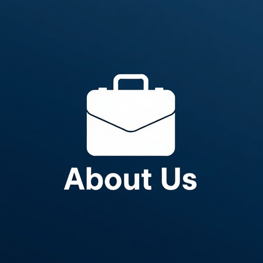 Create a clean, professional graphic featuring a white briefcase icon with the text "About Us" in bold font, using a solid navy blue background, shot with a Canon EOS R5 camera at f/8 aperture, ISO 100, and a 50mm lens, in a flat lay style.