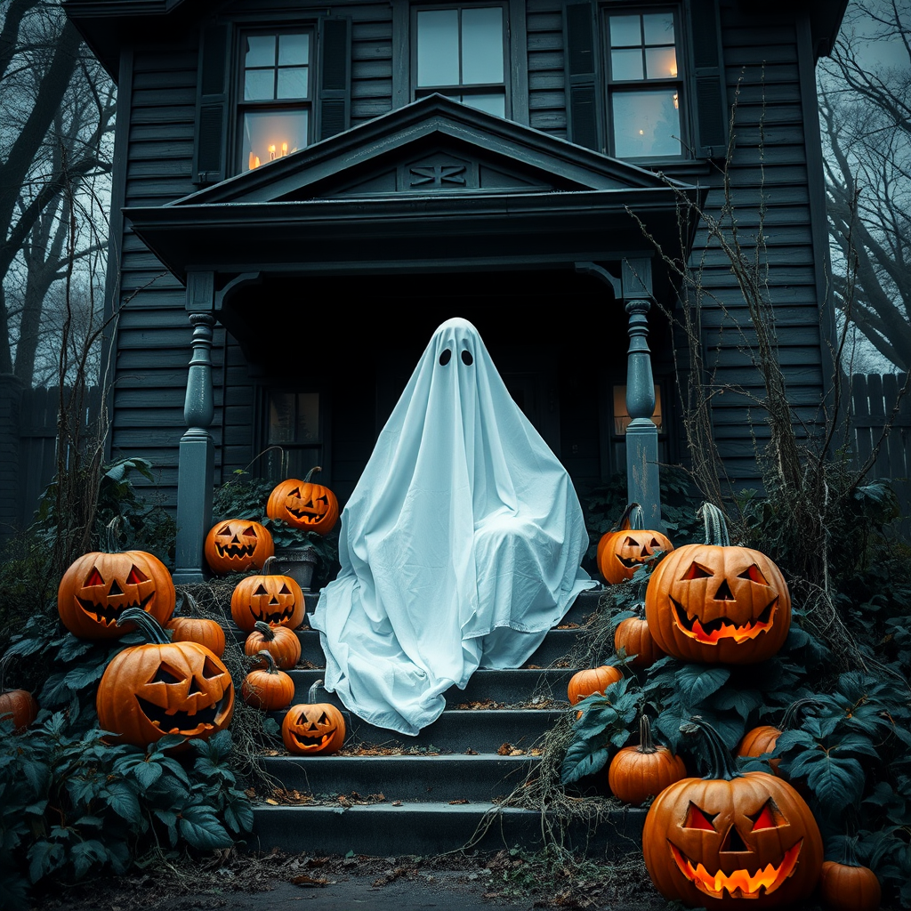 A ghost in a white sheet sitting on the steps of a dark old house surrounded by carved pumpkins with spooky faces and overgrown plants in a Halloween setting
