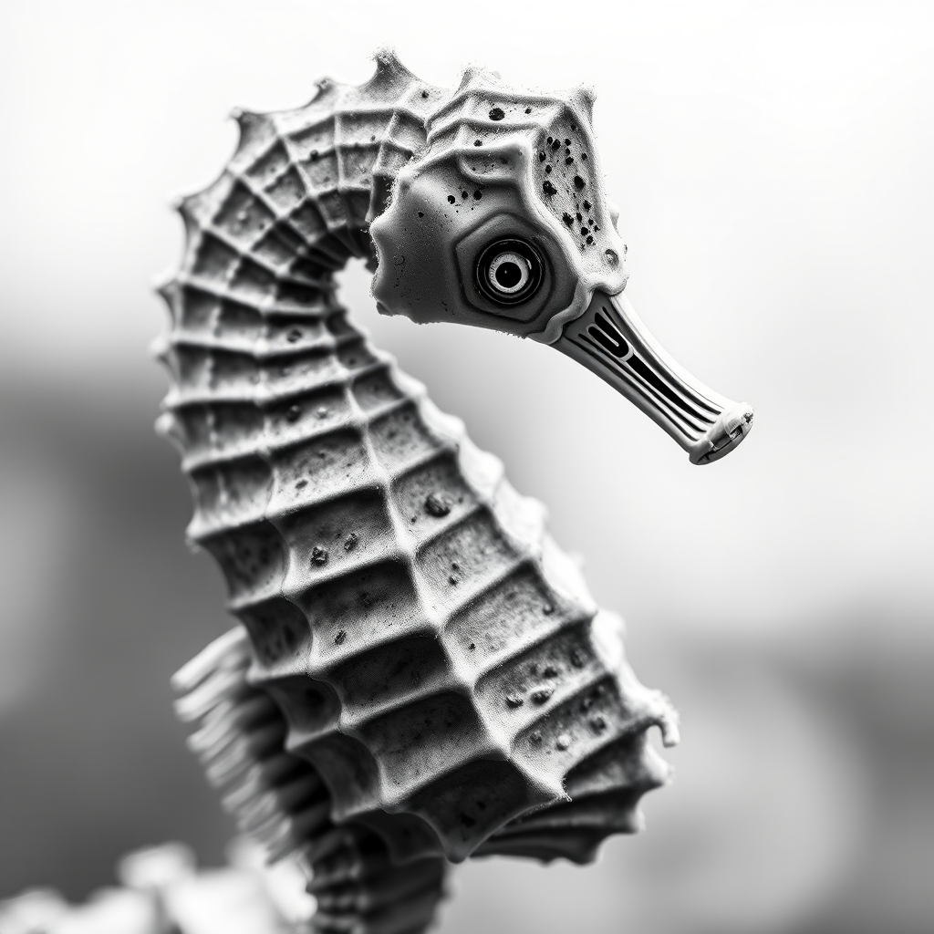 Create a detailed black and white illustration of a seahorse, shot with a DSLR camera at f/8 aperture, ISO 100, 50mm lens, in high contrast style, with a soft focus background for depth.