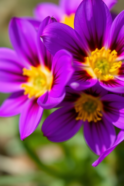 Close-up shot of vibrant purple flowers with yellow centers, shallow depth of field, aperture f/2.8, ISO 100, 100mm macro lens, natural lighting, captured with a DSLR camera.