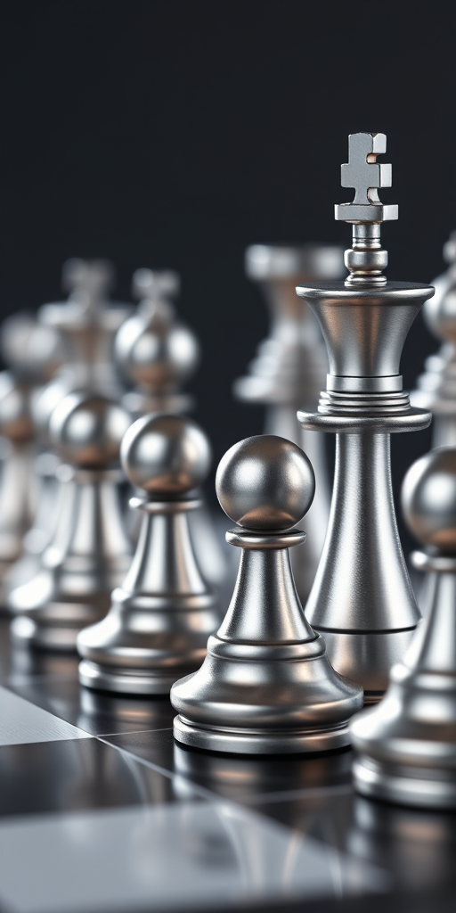 Create a high-resolution 3D render of a chessboard with metallic pieces, using a Canon EOS R5 camera, aperture f/8, ISO 100, shutter speed 1/60s, with a low-angle view and soft diffused lighting to enhance reflections and details on the chess pieces.