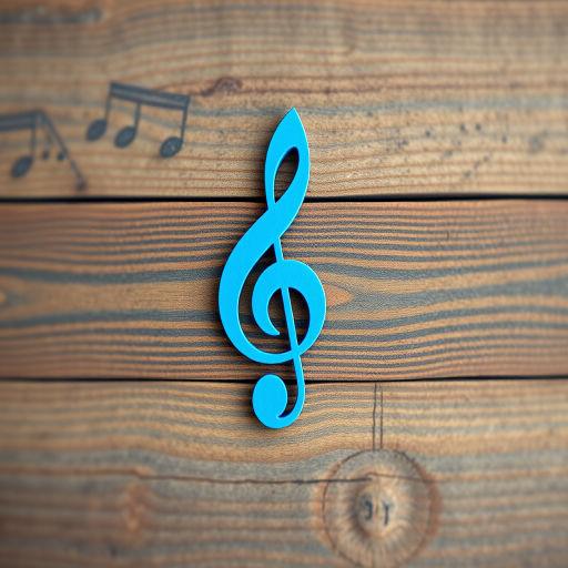 Create a vibrant blue musical note design with a wood grain texture, using a digital art style, high resolution, 4K quality, with a soft focus effect, shot from a front view using a digital camera with an aperture of f/2.8 and ISO 100.