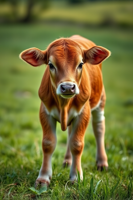 Regenerate a high-quality image of a calf standing in a green pasture, using a DSLR camera with a 50mm lens, aperture f/2.8, ISO 100, shot from a low angle with natural lighting to enhance the detail and color of the fur.