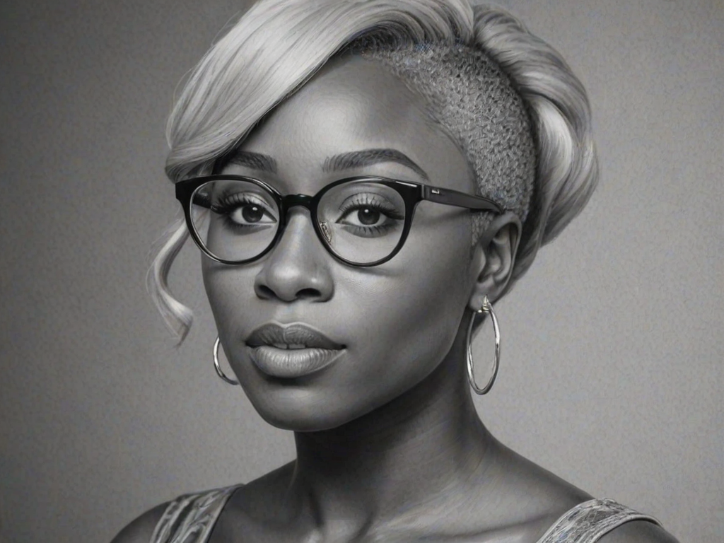 Exquisite Cynthia Erivo, pencil sketch, portrait of Elegant woman 1957s in glasses, hair style beatnik, outline, clear lines, fine lines, 8k