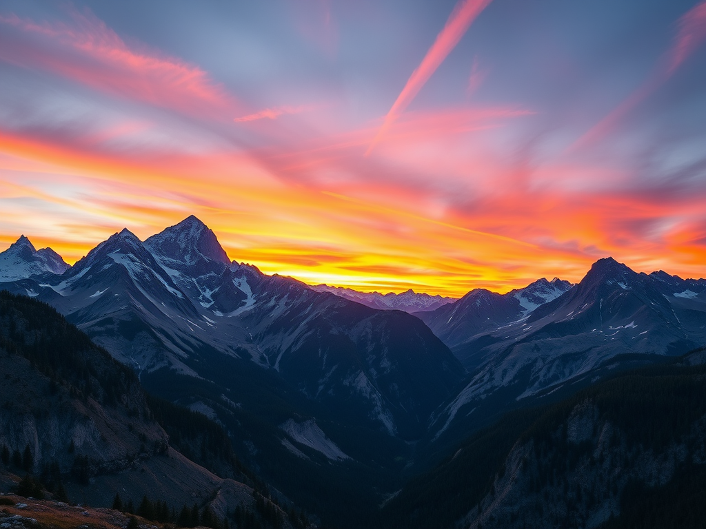 Generate a high-resolution image of a majestic mountain landscape during sunset, with vibrant colors in the sky, using a DSLR camera with a 24mm lens, aperture set to f/8, ISO 100, and a shutter speed of 1/200 seconds, shot from a wide-angle perspective to capture the vastness of the scene.