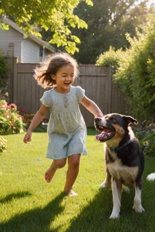Warmly lit image of a child playing with a dog in a sunlit backyard, both mid-chase, laughter visible on the child's face, a burst of energy captured in the moment, flowers blooming along the garden's edge, the smell of fresh-cut grass filling the air.