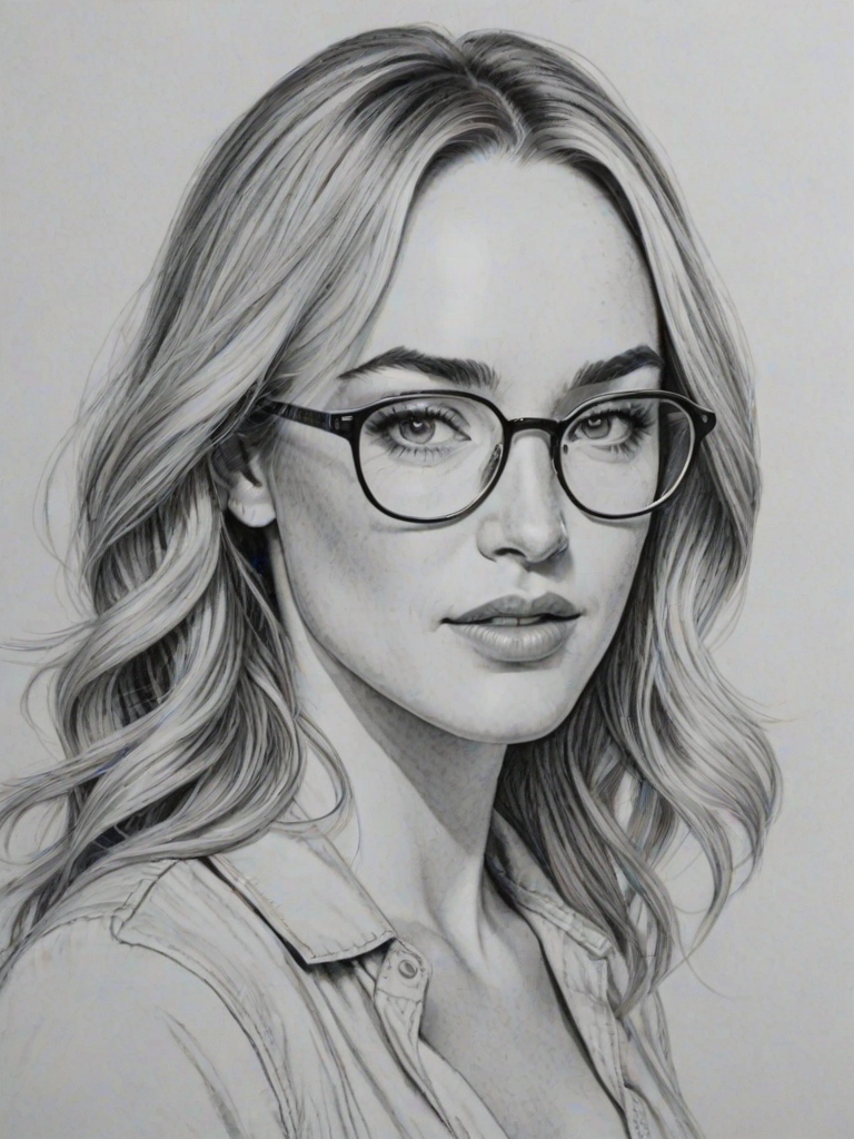 Attractive Caity Lotz, pencil sketch, portrait of Exquisite woman 1951s in glasses, hair style beatnik, outline, clear lines, fine lines, 8k