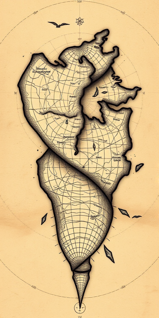 Engraving-style tattoo dubbed "Vintage Cartography" resembling an old map or scientific illustration with intricate crosshatching and fine lines in sepia tones