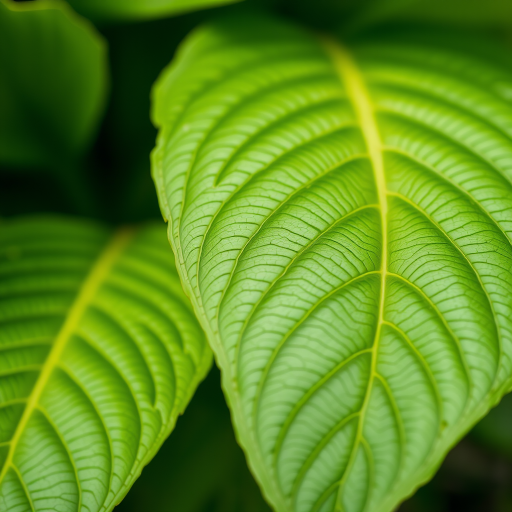 lush green leaves with intricate veining, shallow depth of field, soft natural lighting, shot with a DSLR camera at ISO 200, f/2.8, 50mm lens, side view, macro photography style