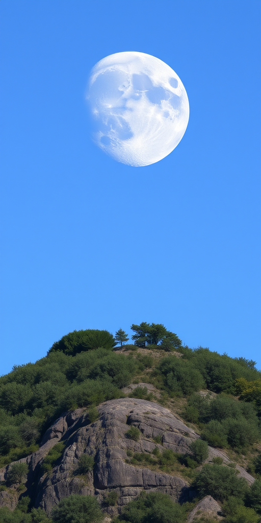 a serene landscape featuring a large, bright moon in a clear blue sky above a rocky hill adorned with lush greenery