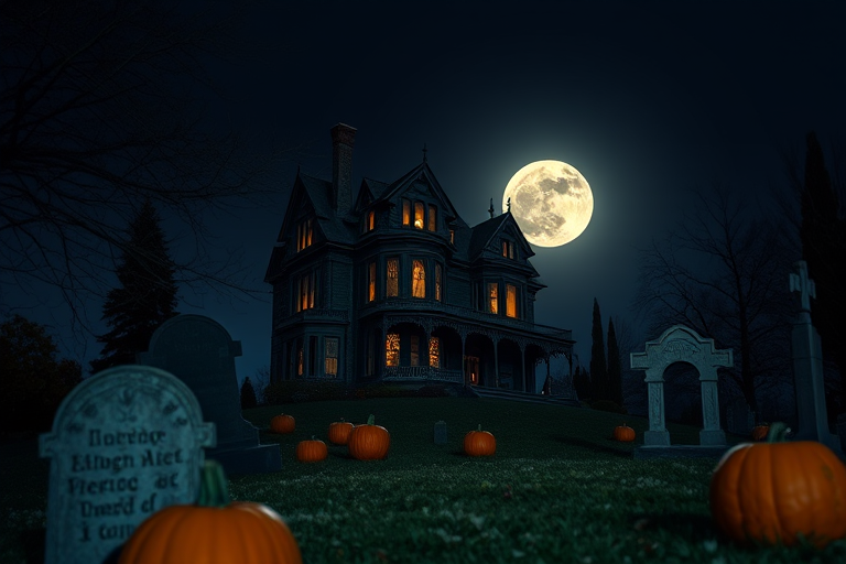 Haunted Victorian house on a hill at night with a full moon, eerie atmosphere, pumpkins in foreground, gravestones nearby, low angle view, exposure 1/60s, aperture f/8, ISO 200, DSLR camera, wide-angle lens.