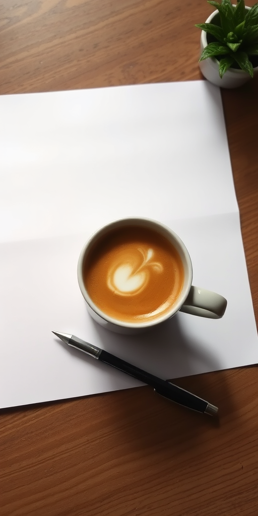 a blank white sheet of paper on a wooden table with a small plant in the corner, a cup of coffee with latte art, and a pen placed nearby