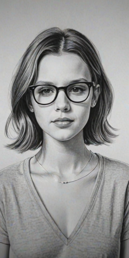 Enticing Millie Bobby Brown, pencil sketch, portrait of Graceful woman 1971s in glasses, hair style beatnik, outline, clear lines, fine lines, 8k