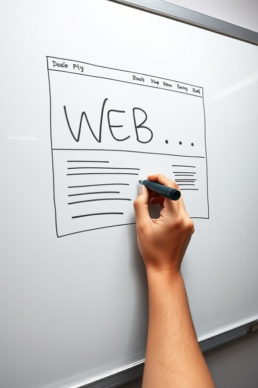 web design layout with hand drawing on a whiteboard, clean lines and high contrast, wide-angle view, DSLR camera, f/4 aperture, ISO 100, 1/125s shutter speed, natural lighting