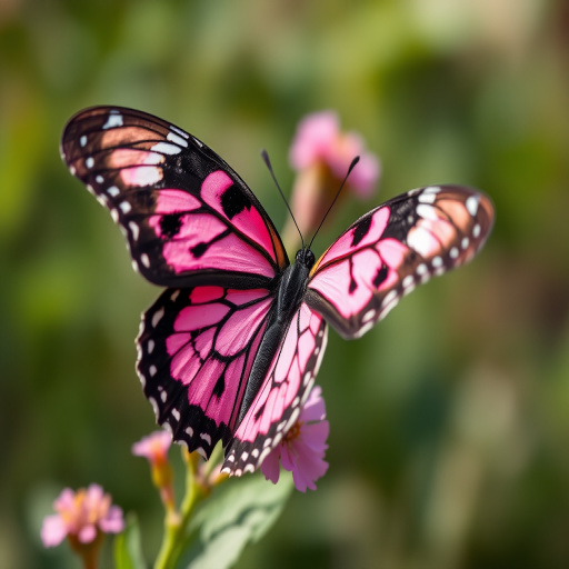 Create a high-resolution image of a pink and black butterfly with intricate patterns, captured from a close-up angle using a DSLR camera with a 50mm lens, f/2.8 aperture, ISO 100, and natural light for enhanced detail and vibrancy.