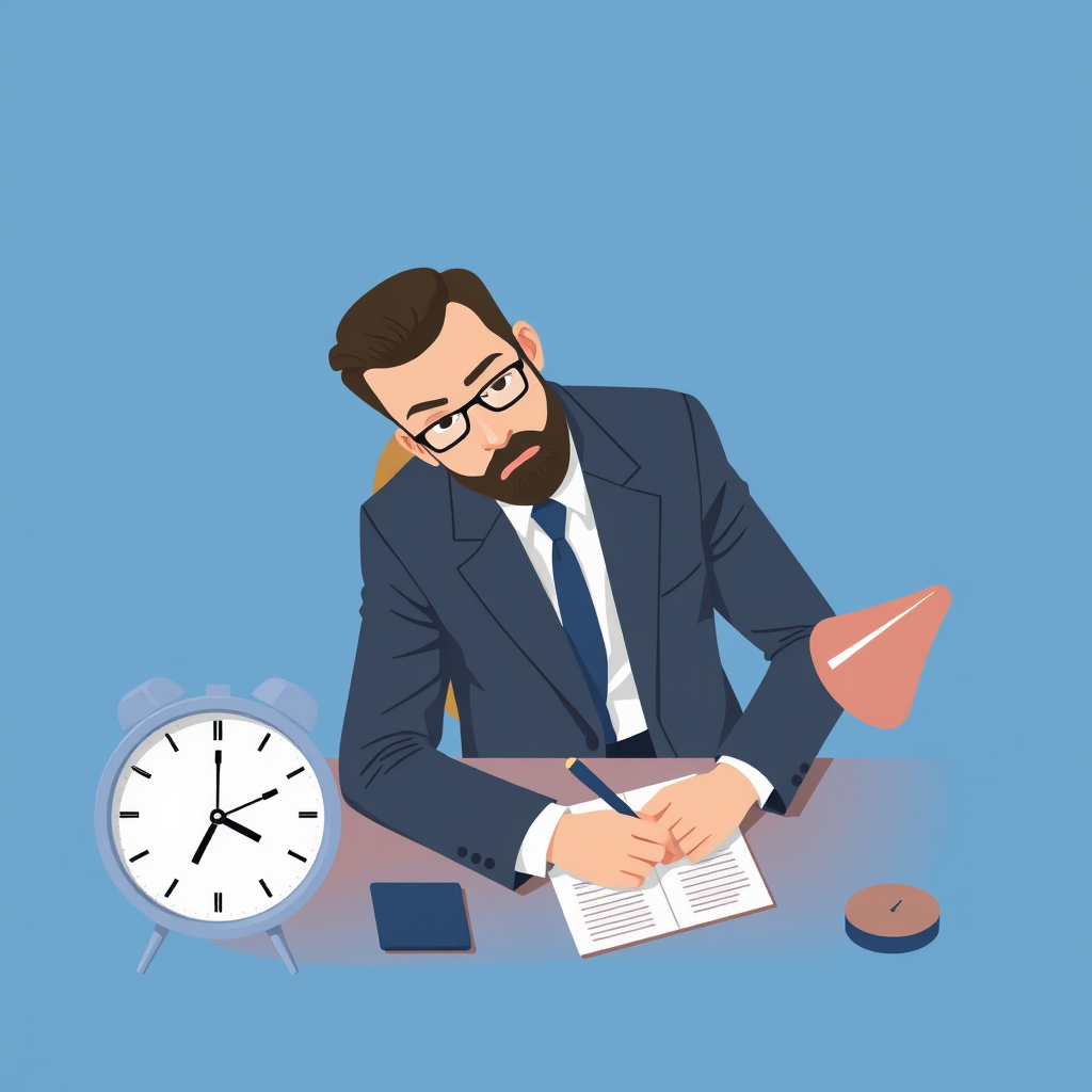 Create an illustration of a man in a suit writing at a desk with a clock showing 10:10 on a solid blue background, shot with a Canon EOS R5 at f/1.8, ISO 200, 50mm lens, top-down angle, clean vector style.