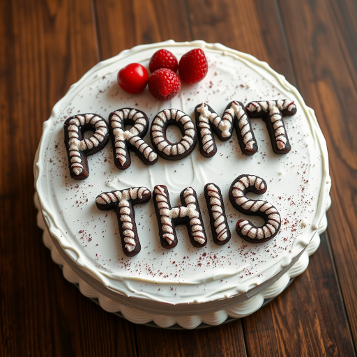 black forest gateau cake spelling out the words "PROMPT THIS", tasty, food photography, dynamic shot