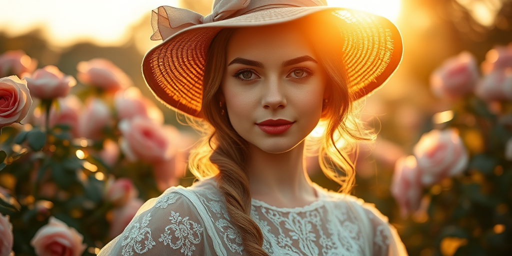 portrait of a young woman wearing an elegant hat and a vintage dress with intricate lace details, softly lit by golden hour sunlight, surrounded by blooming roses, aperture f/2.8, shutter speed 1/100s, ISO 200, 85mm prime lens, shot in natural light for a dreamy bokeh effect