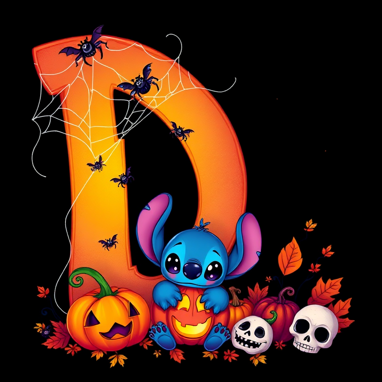 A whimsical and vibrant Halloween-themed digital illustration featuring the letter "D" adorned with spider webs, small bats, and cute spiders. At the base of the letter, a playful alien character similar to Stitch is peeking out from inside a carved pumpkin with glowing eyes, surrounded by additional pumpkins, a small skull, and autumn leaves. The letter is gradient-colored from orange to purple, adding a magical atmosphere to the scene, black background