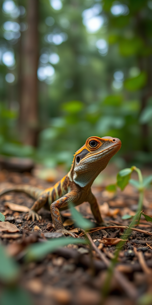Capture a close-up of a lizard in a natural forest setting, using a Canon EOS R5 with a 85mm f/1.2 lens at ISO 200, aperture f/2.8, and a shutter speed of 1/250 sec, with a shallow depth of field to blur the background and emphasize the lizard's texture and colors.