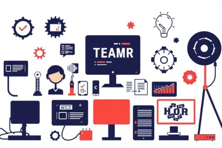 Create an illustration of various technology-related icons representing teamwork, coding, design, data analysis, and digital marketing, with a clean, minimalistic style, set against a light background for contrast, captured with a DSLR camera at f/2.8 aperture, ISO 100, and 50mm lens for sharp detail and vibrant colors.