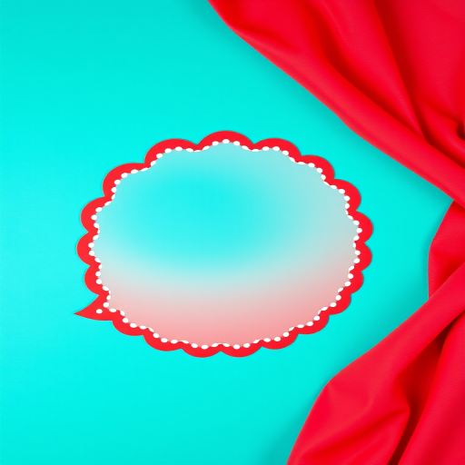 Create a vibrant red banner with a decorative scalloped shape and white dotted border on a solid turquoise background, captured with a DSLR camera at f/2.8 aperture, 50mm lens, ISO 100, shot from a top-down perspective for enhanced clarity and color vibrancy.