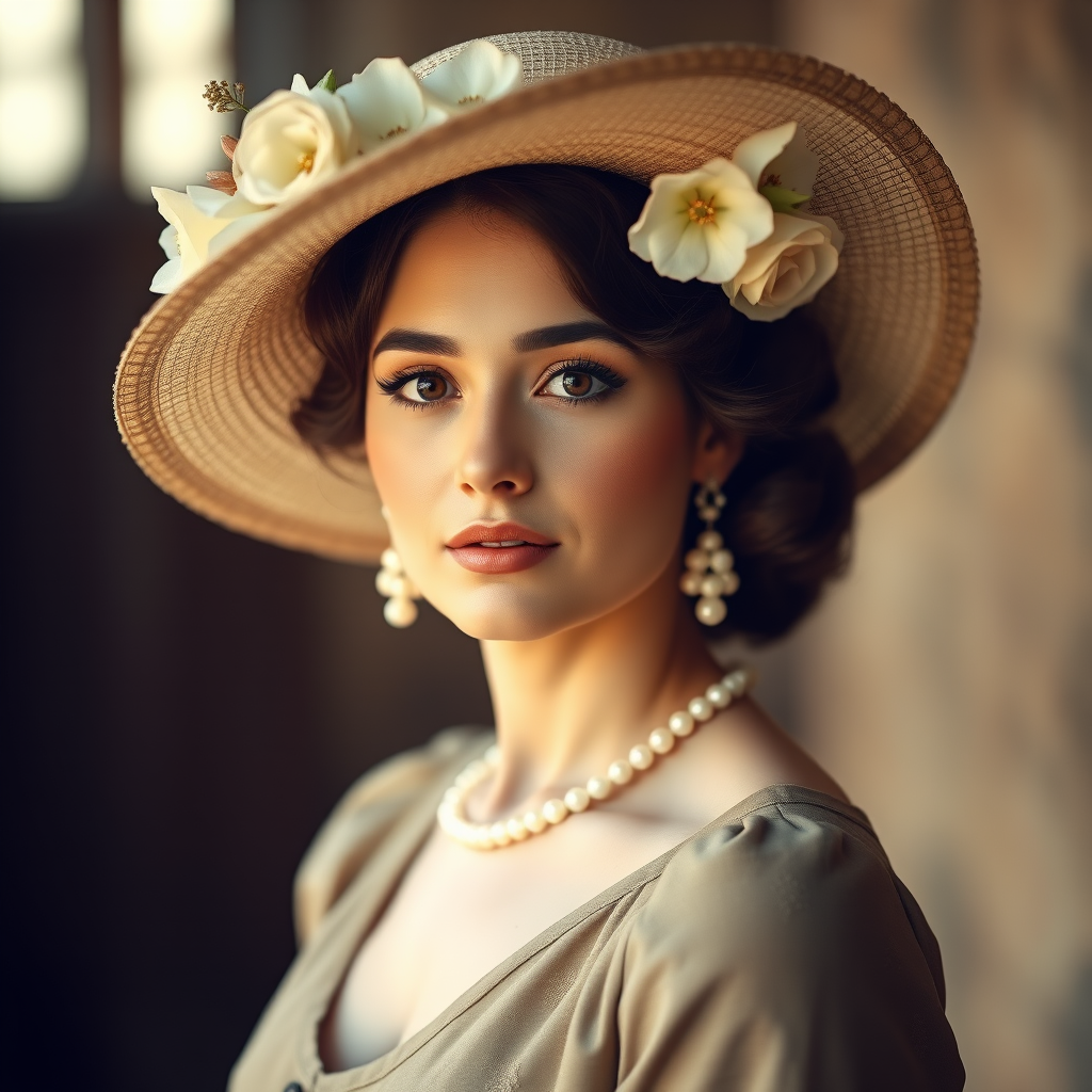 A vintage-style portrait of a woman in an elegant dress and large hat adorned with flowers, soft natural lighting, shot with a Canon EOS 5D Mark IV, 50mm lens, f/1.8, ISO 100, two-point lighting to enhance facial features and soft focus background.