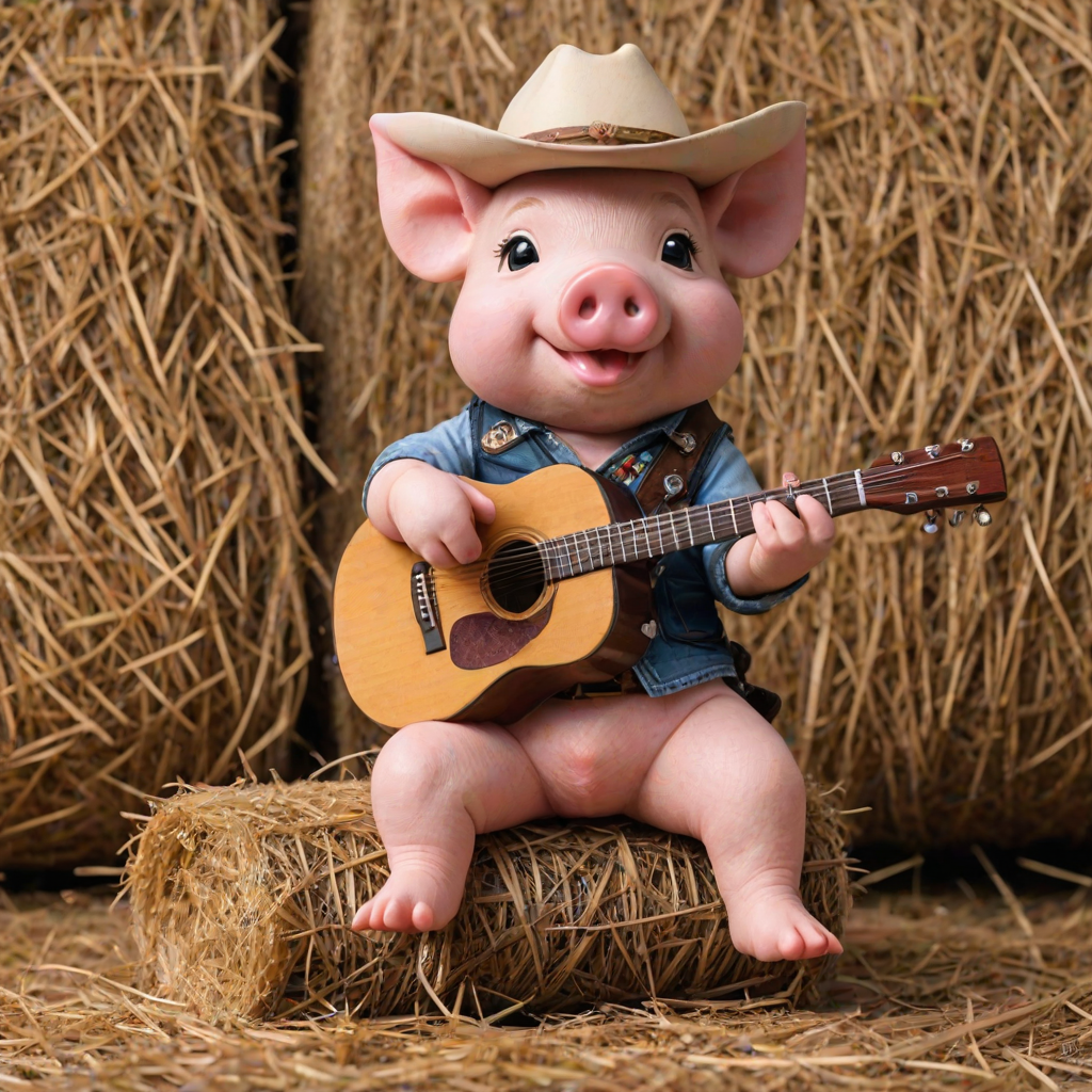 A chibi pig, dressed as a cowboy, playing guitar, sitting on a hay bale
