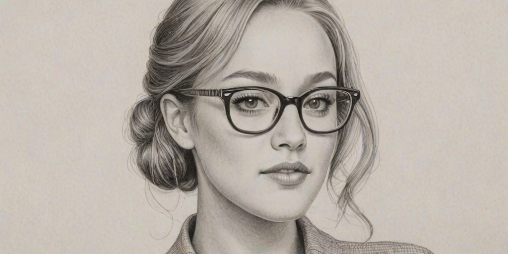 Ravishing Maika Monroe, pencil sketch, portrait of Fascinating woman 1956s in glasses, hair style beatnik, outline, clear lines, fine lines, 8k