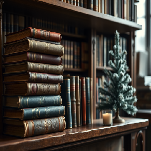 A cozy library scene featuring stacked antique books on a wooden shelf, with a small decorative snowy tree and a candle, shot with a Canon EOS R5 at f/2.8, 50mm lens, ISO 200, natural light for soft shadows and improved image quality.