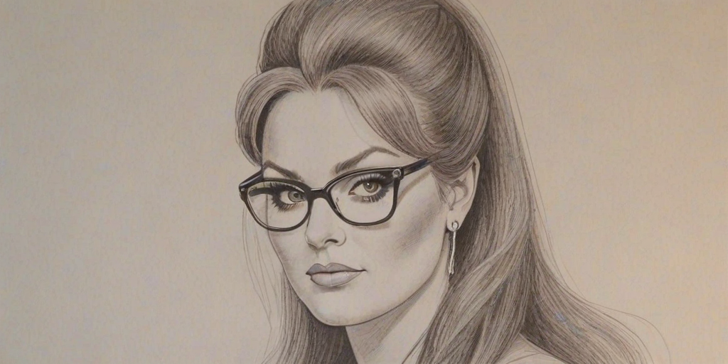 Comely Wynonna Judd, pencil sketch, portrait of Dazzling woman 1960s in glasses, hair style beatnik, outline, clear lines, fine lines, 8k