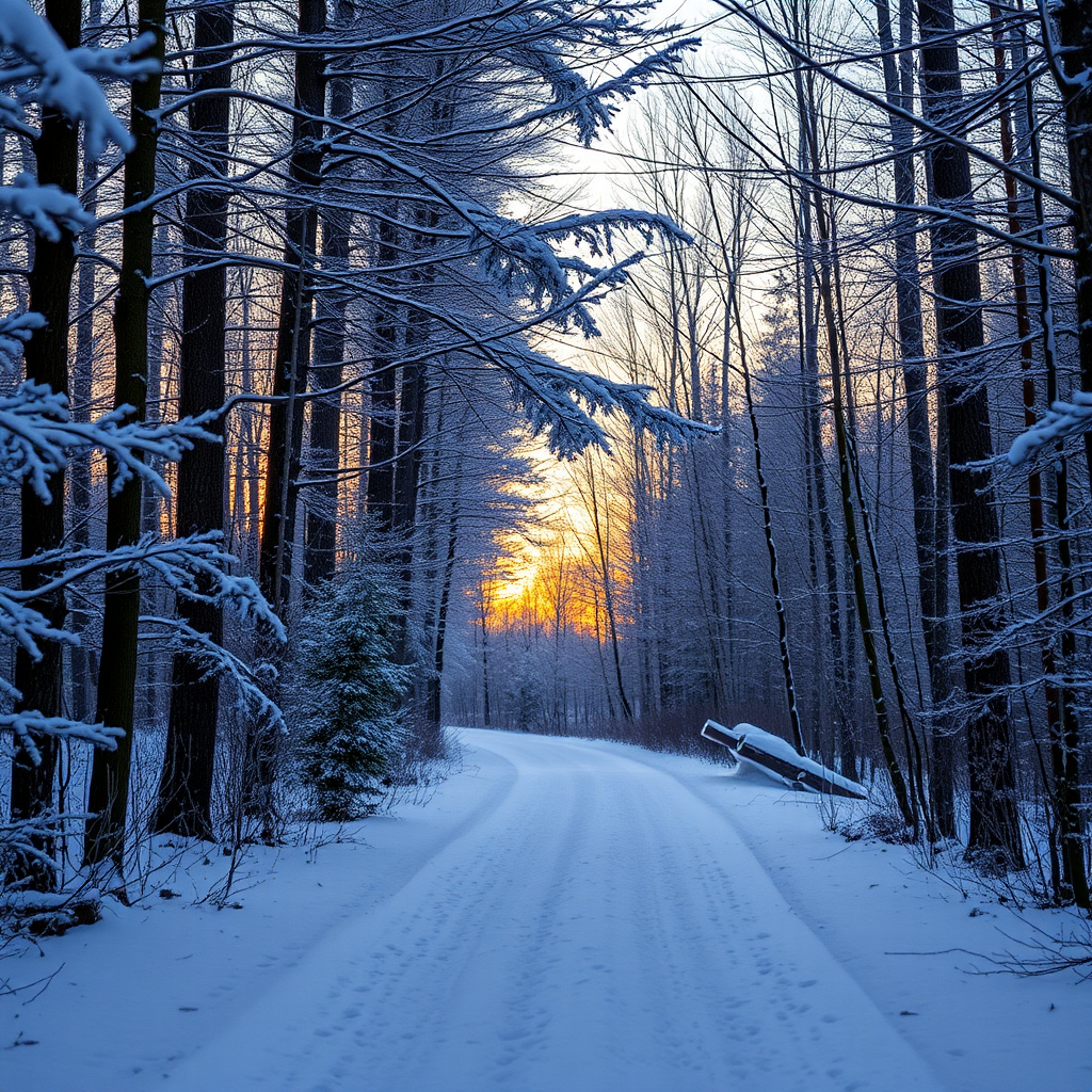 Capture a snow-covered forest path at dusk, low angle view, 24mm lens, f/2.8 aperture, ISO 400, shutter speed 1/60s, with a full-frame DSLR to enhance detail and depth.