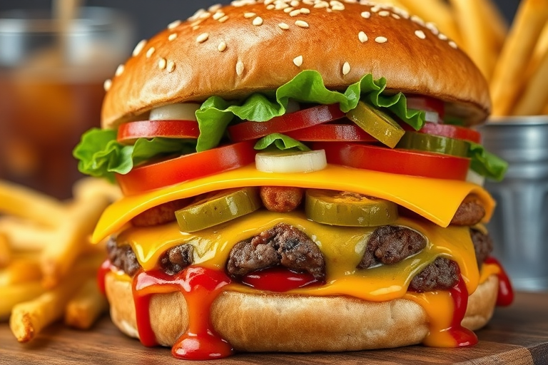 High-resolution, close-up image of a gourmet double cheeseburger. The burger features a glossy, sesame-seed-topped brioche bun. Inside, there are two thick, juicy beef patties, each topped with melted cheddar cheese. The burger is garnished with fresh lettuce, tomato slices, diced onions, and pickles. A generous amount of ketchup and a creamy, orange-colored sauce is dripping down the sides, adding to the mouth-watering appeal. In the background, there are blurred elements including a side of golden French fries and a hint of a beverage, enhancing the overall presentation of a delicious meal.