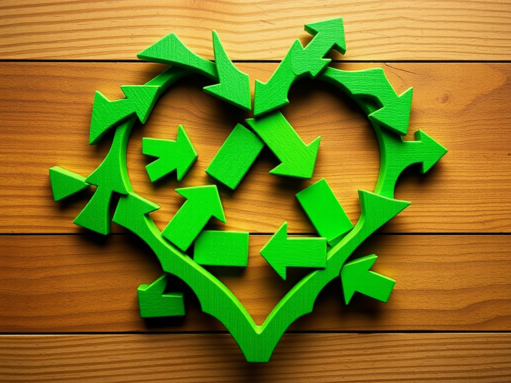 Create an image of a green heart made of arrows forming a recycling symbol, 50mm lens, f/2.8 aperture, ISO 100, 1/200 sec exposure, top-down view, digital camera, high contrast, vibrant colors.