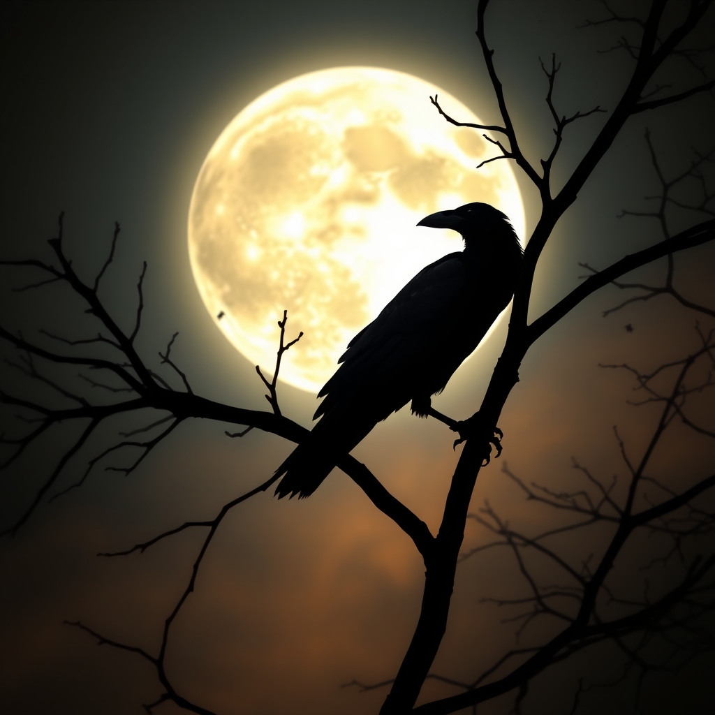 A fantastical photo featuring the silhouette of a crow perched on the branches of a tree, set against the backdrop of a large, luminous moon. Incorporate fantasy elements into the posture of the crow and the shape of the branches, depicting a mysterious scene illuminated by the moonlight on a tranquil night. Use warm tones to enhance the cozy atmosphere of this enchanting and elegant scene. insanely detailed, High contrast and low saturation.