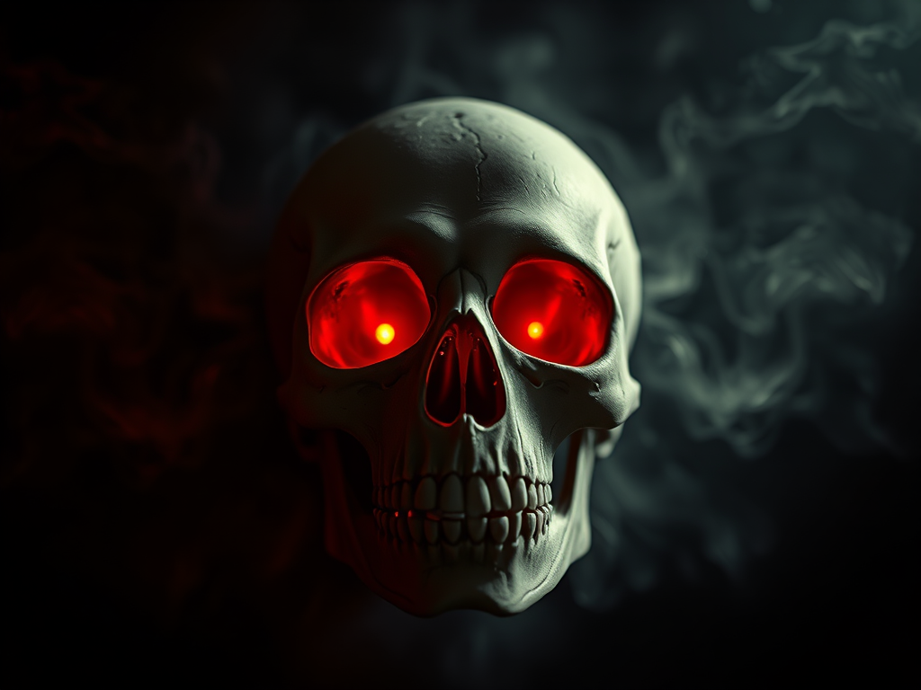 Create a highly detailed, eerie image of a ghostly skull with glowing red eyes, captured in a dark, smoky environment using a DSLR camera with a 50mm lens at f/1.8, ISO 400, shutter speed 1/60, low-angle perspective, soft focus with vignette effect to enhance the haunting atmosphere.