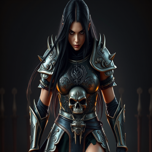 Create a photo of a fierce female warrior with long black hair, wearing an ornate, metallic armor. The armor includes a breastplate with intricate designs, shoulder guards, and gauntlets. The breastplate is decorated with a central emblem, possibly representing a mythical symbol, and has a sculpted, form-fitting design. She wears a belt with a large skull ornament at the center, and her armor extends into a partial skirt, revealing one leg. The overall look is both protective and stylish, with a dark, gothic aesthetic. The background is dimly lit, suggesting a medieval or fantasy setting, enhancing the warrior's imposing presence and intense expression.