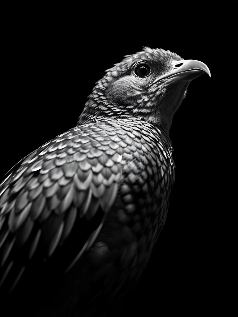 Create a highly detailed illustration of a bird with intricate feather patterns in black and white, shot from a low angle with a 50mm lens at f/2.8, ISO 100, capturing a dramatic lighting effect against a dark background, emphasizing texture and form.